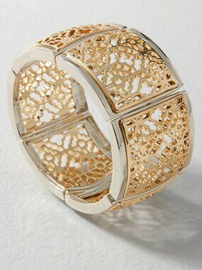 WHBM Goldtone + Silvertone Stretch Bracelet FILIGREE Bangle Cuff Mixed Metal